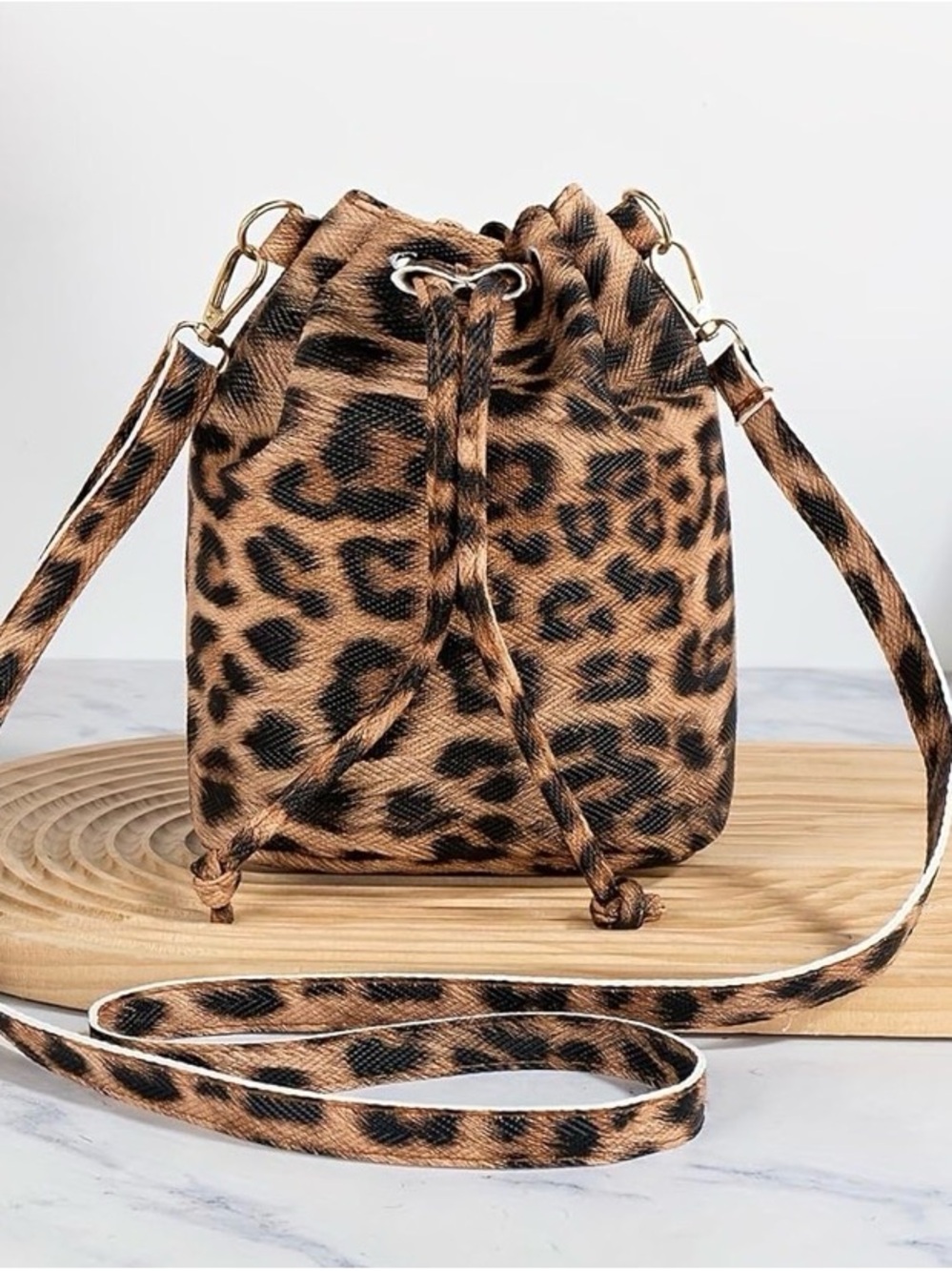 Leopard Print Drawstring Crossbody Bag - Brown